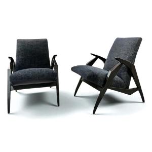 Pair Of Adjustable Armchairs, Italian School, Circa 1955, Fully Restored And Reupholstered